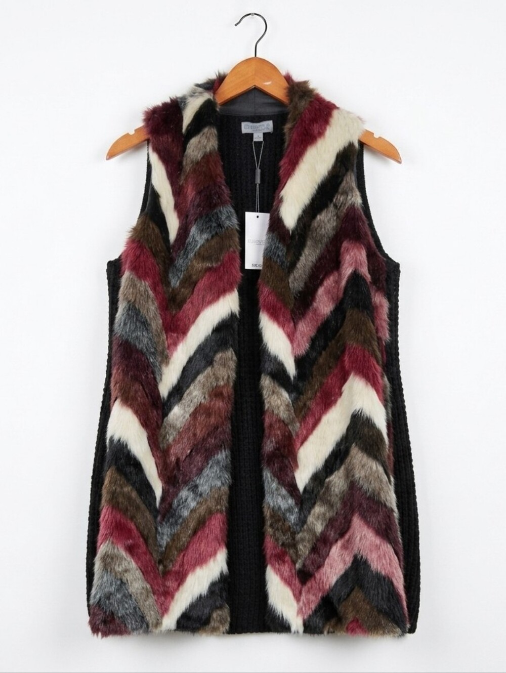 NWT Joseph A. Faux Fur Women's Longline Chevron Burgundy Vest Jacket Size S